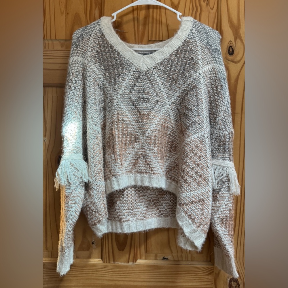 Angie Cream and Brown V-Neck Fringe Patterned Sweater